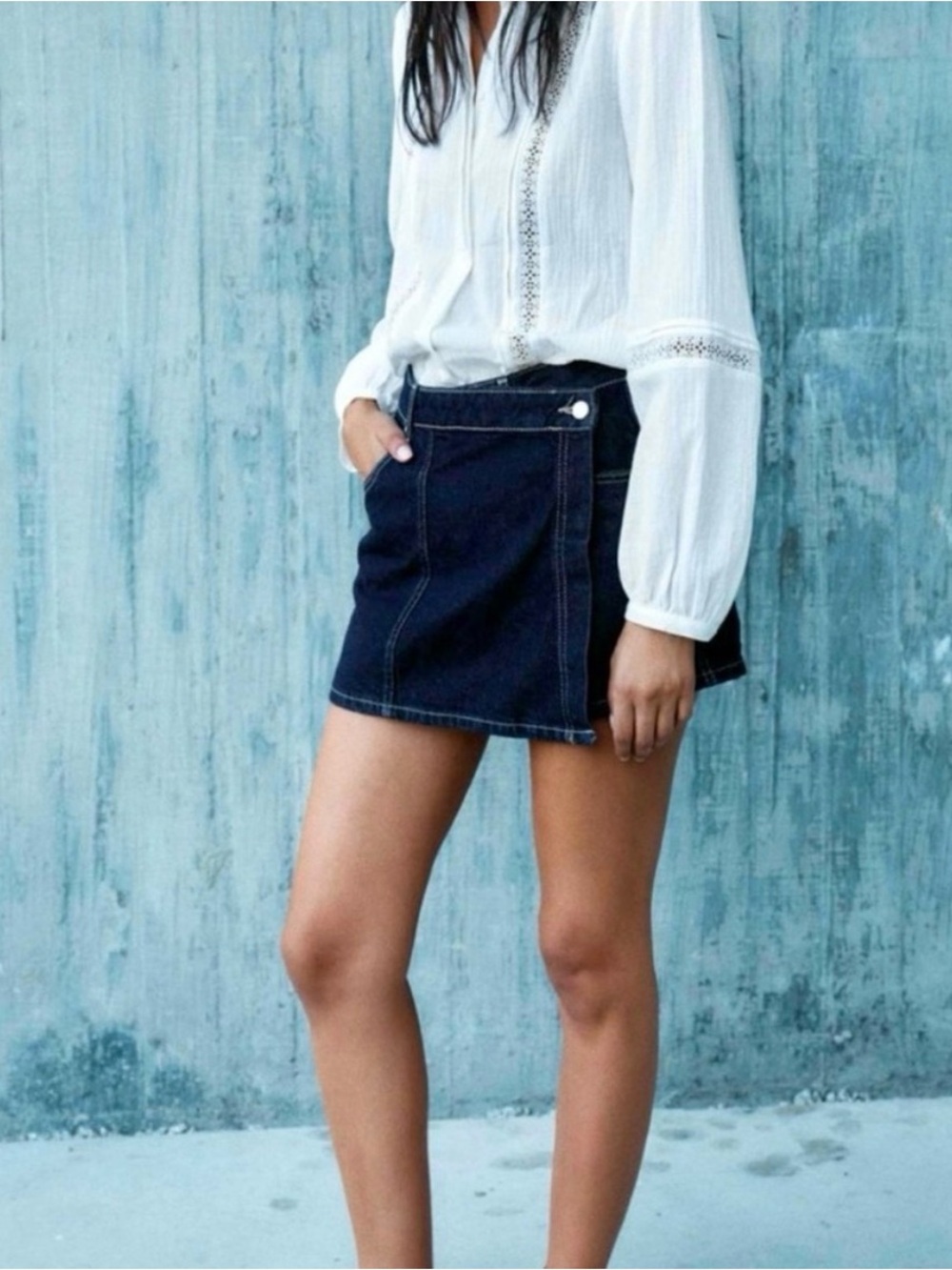 Zara Dark Blue Denim Wrap Skort - Women's Jean Shorts